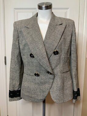 Christian Dior Vintage Black White Glen Plaid Lace Trim Blazer Jacket, Size 8
